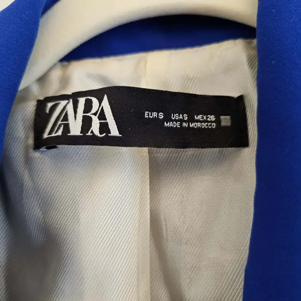 Zara Royal Blue Open Front Blazer Ruched Sleeve Career Jacket Women's S